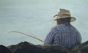 watercolor of man fishing