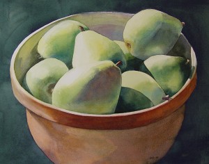 watercolor of pears in bowl