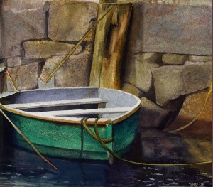watercolor or a boat against a rock wall