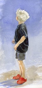watercolor of a young boy in the wind