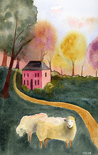 watercolor of sheep in a pasture