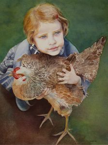 watercolor of child and hen