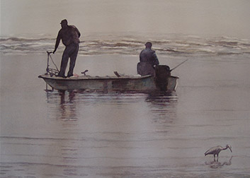 grey watercolor of two men fishing