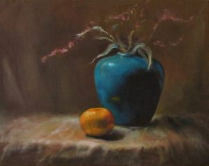 oil painting of vase and orange