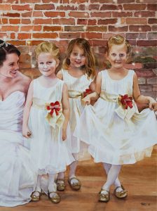 close up of bride with three flower girls