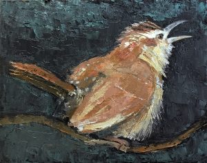 Oil painting of a Wren singing