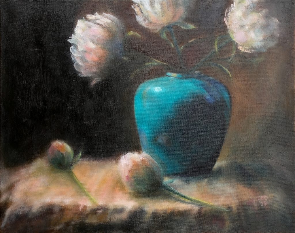 Peonies in Blue Vase